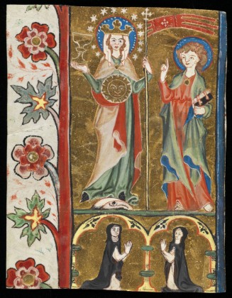 Buchmalerei: Miniatur mit einer Mondsichelmadonna und dem Evangelisten Johannes, Illustration einer liturgischen Handschrift, ausgeschnitten aus einem Graduale (Choralbuch für den liturgischen Wechselgesang) aus dem Dominikanerinnenkloster St. Katharinental bei Diessenhofen